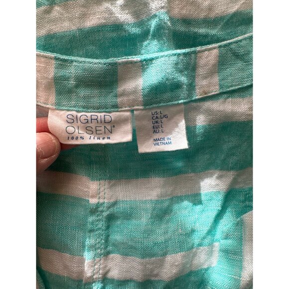Sigrid Olsen 100% Linen Striped Sleeveless Shift Dress In Mint & White Size L - Picture 4 of 4